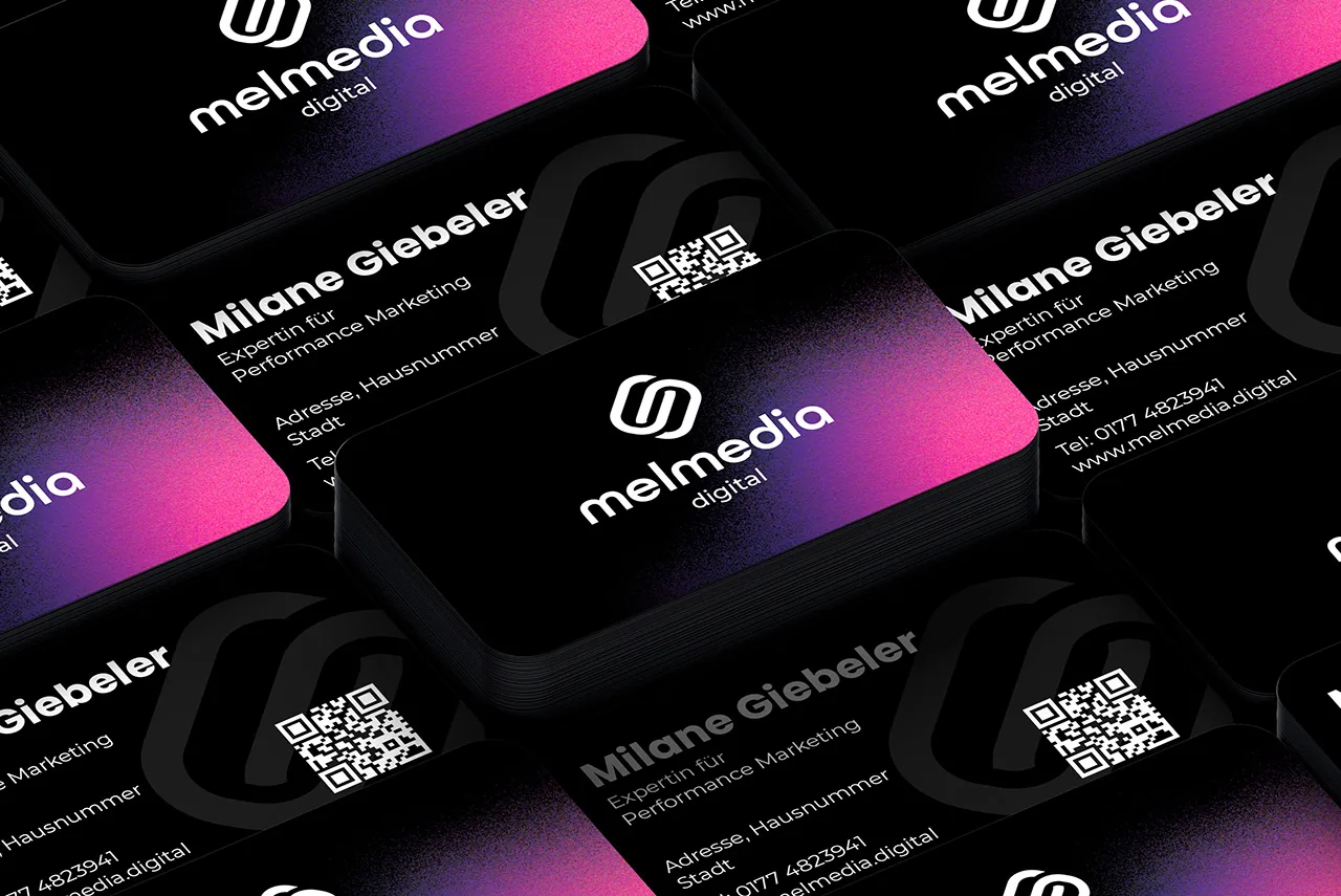 Visitenkarten-Mockup der Marke melmedia in Schwarz mit violett-pinkem Verlauf.